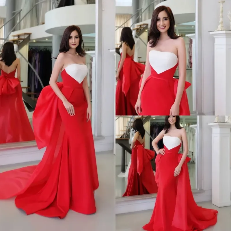 2024 Red Mermaid Evening Dresses Strapless Satin With Big Bow Backless Prom Gowns Special Occasion Dress Formal Wear