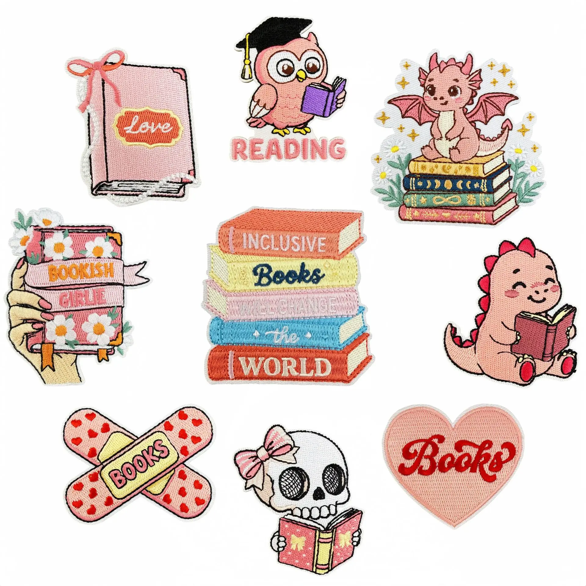 Cartoon Dinosaur Owl Reading Books Embroidered Patches Pink Book Embroidered Badges Clothing Iron On Patches