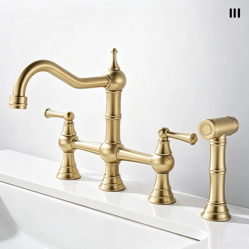 French light luxury retro bridge three-hole faucet spray gun set Household kitchen pull-out faucet spray gun set