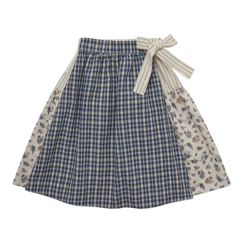 2025 Summer Girls' Primary And Secondary School Plaid Shirts With Small Flying Sleeves And Plaid Floral Patchwork+Half Skirt Set