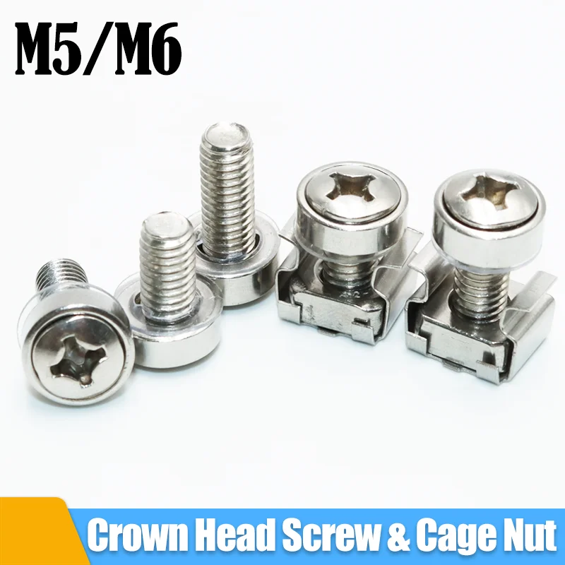 10set Cabinet Screw for Network Storage Server Router A2 304 Stainless Steel Rack Mount Caged Nuts Screws and Washer M5x16 M6x16