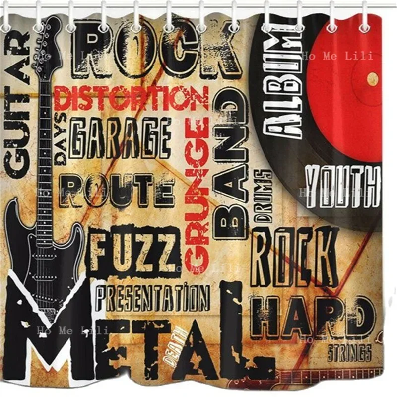 Retro Rock Music Wall Fuzz Grarage Band Youth Album Hard Route Metal Guitar Waterproof Fabric Shower Curtain Bathroom Decor