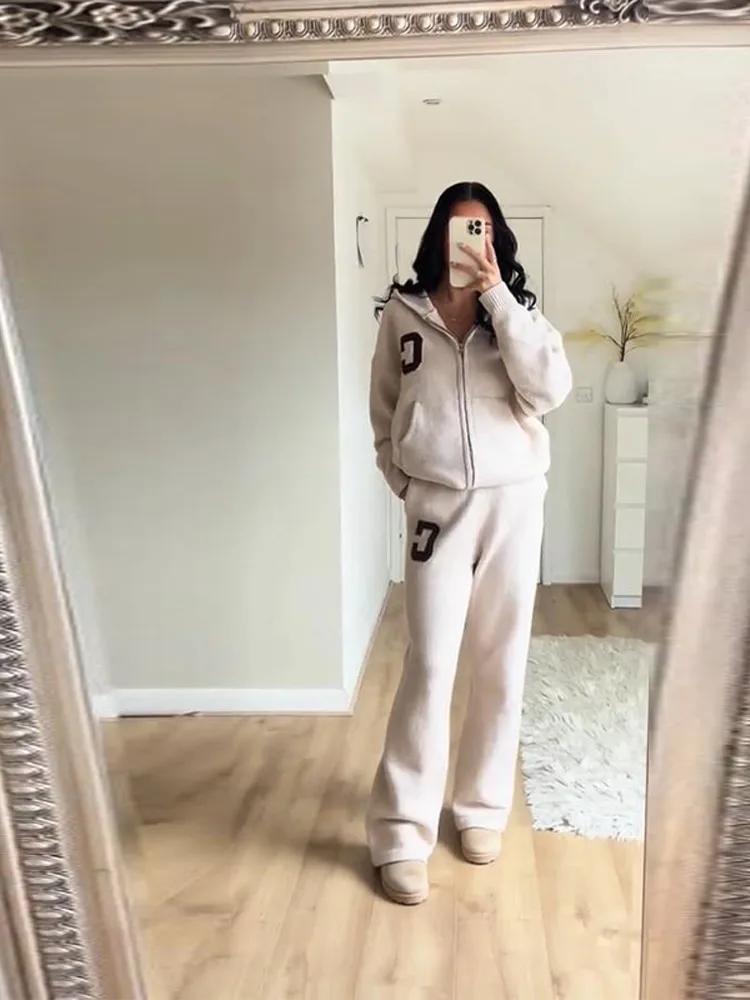 سترة متماسكة فستان أطفال مع سروال داخلي المرأة قطعتين مجموعة فضفاض سستة كم كامل بنطلون مستقيم 2025 الخريف جديد سيدة الزي