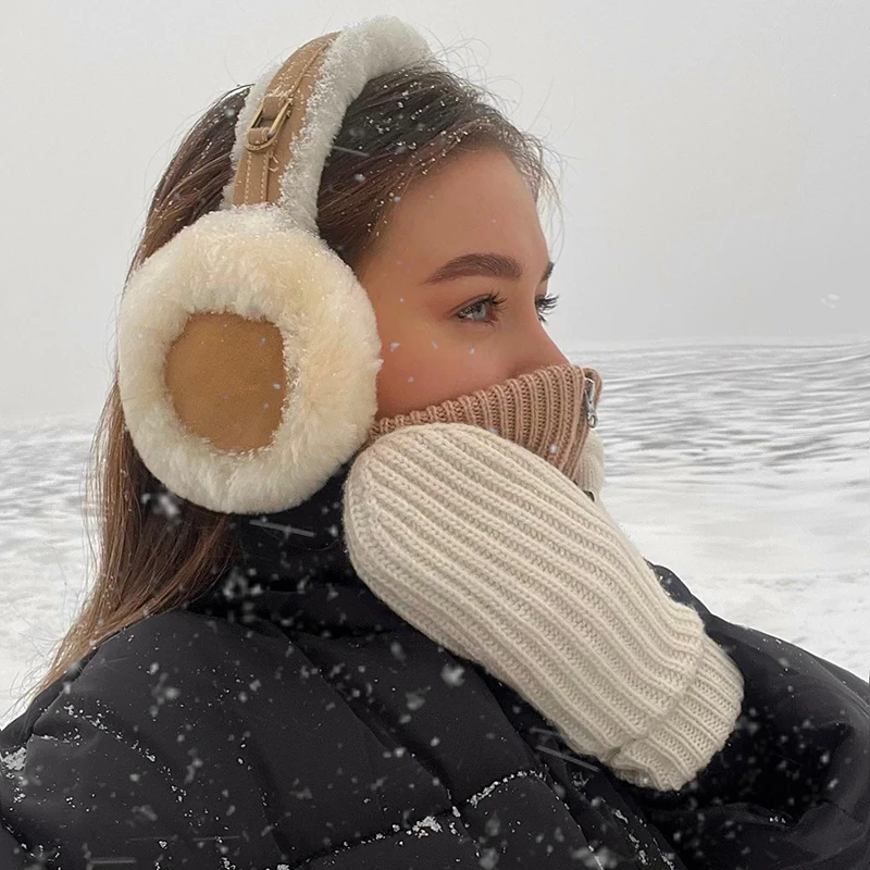 Orejeras de felpa de lana para invierno, orejeras de piel de oveja de color caqui, protección contra el frío al aire libre, orejeras cálidas para ciclismo, nueva moda