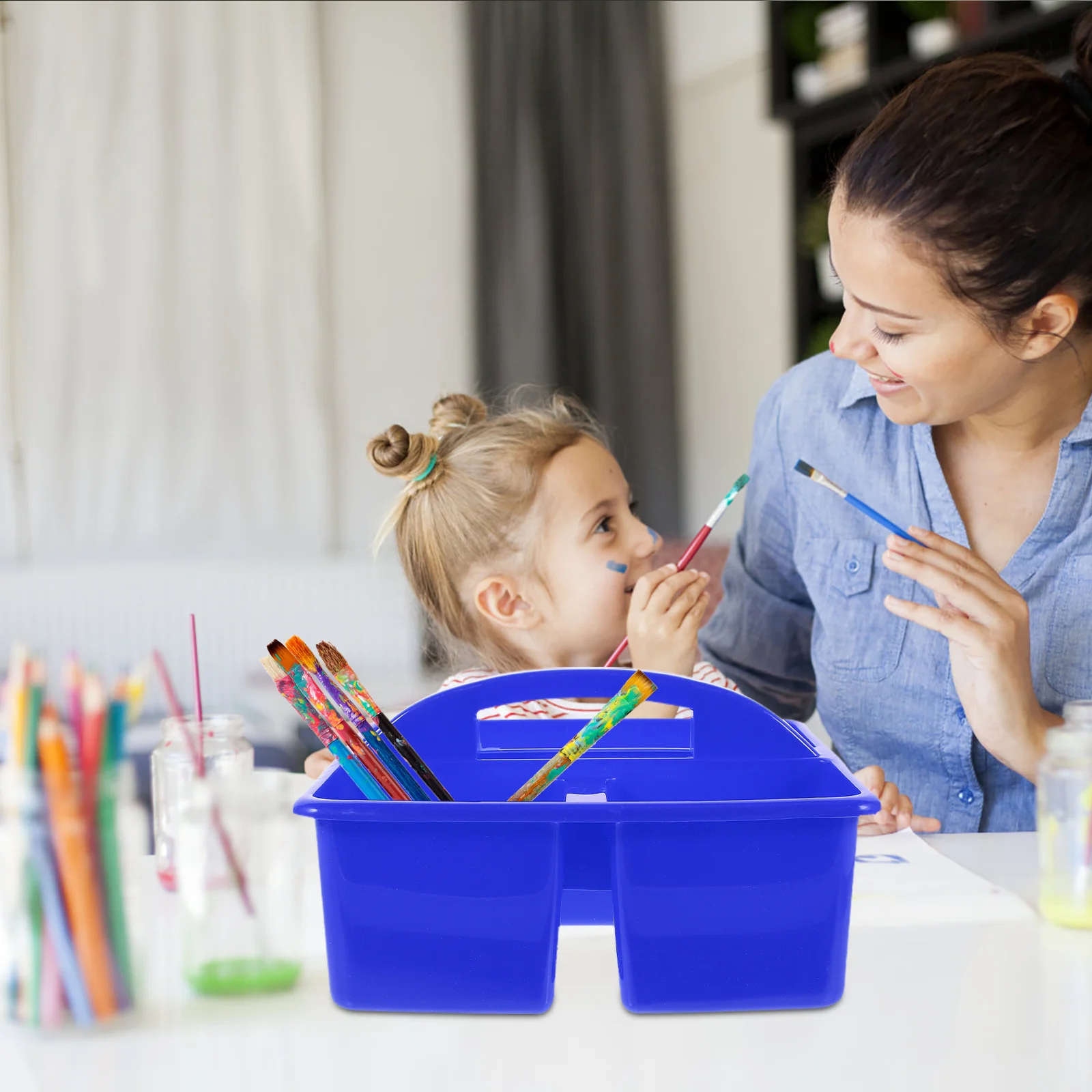 

2pcs Portable Art Tools Storage Holder Compartment Stationery Organizer Bright Color Sundry Container Classroom Table Supply