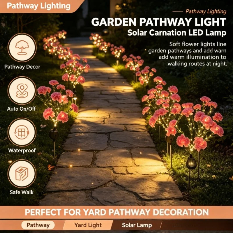 Pink Carnation LED Bouquet, Solar Powered Stem Accents with Layered Petals for Courtyard Borders