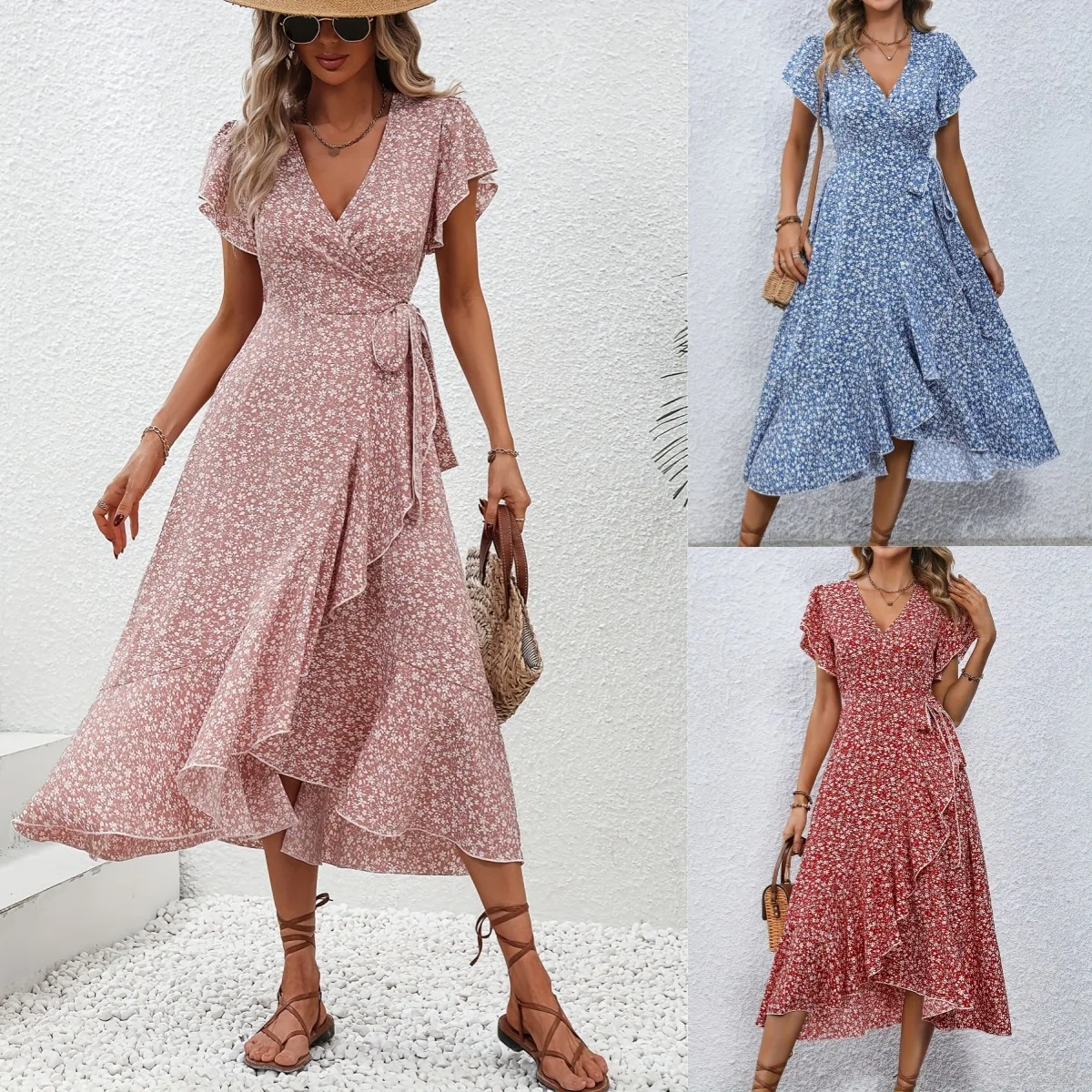 2024 Summer Fashion Women Floral Print Long Dress Bohemian Beach V-neck Bow tie Holidays Sundress Vintage Robe Female Vestidos