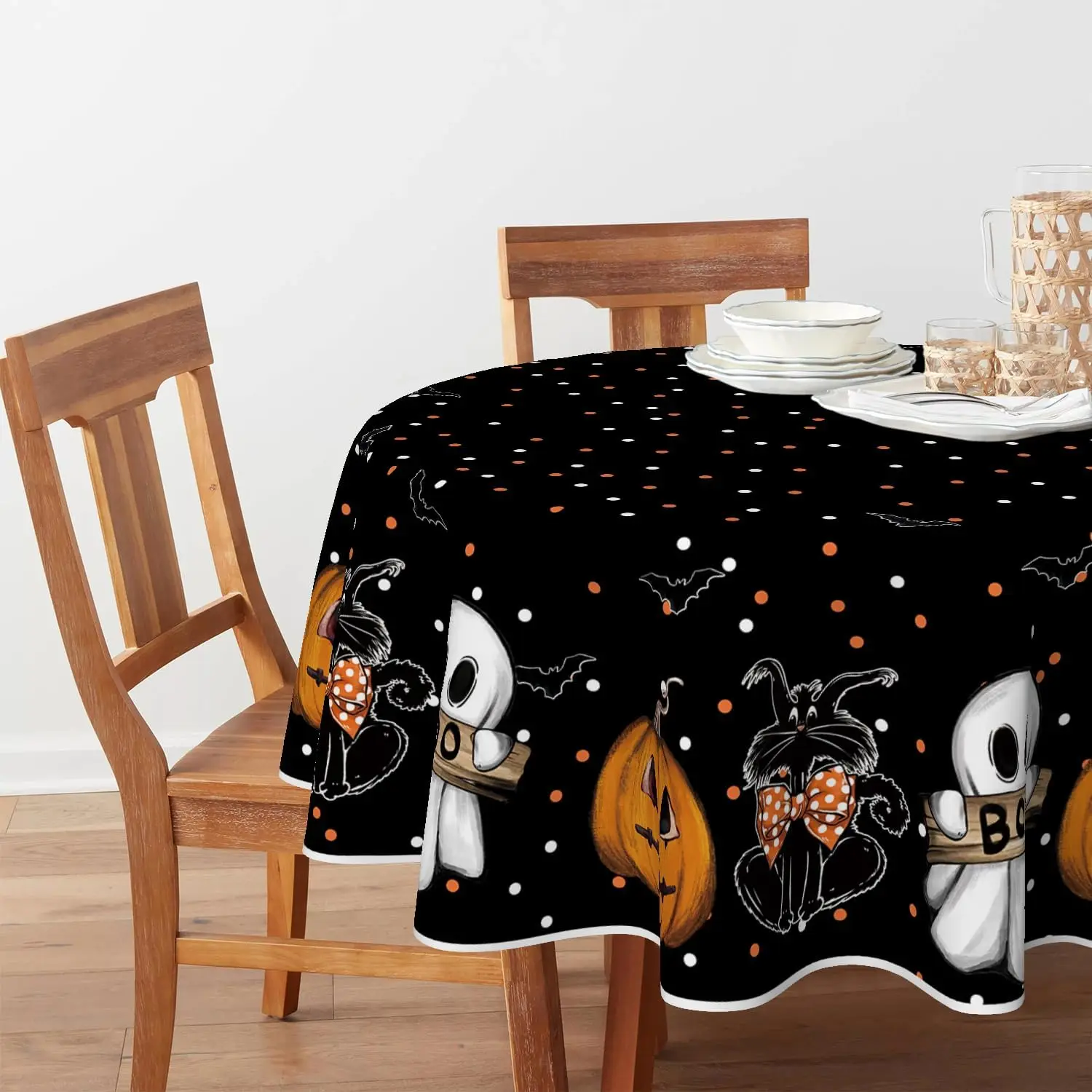 Halloween Tablecloth 60×60 Inch Round,  Pumpkin Lantern Ghost Cat Dots Bats Washable Table Cover For Party Picnic