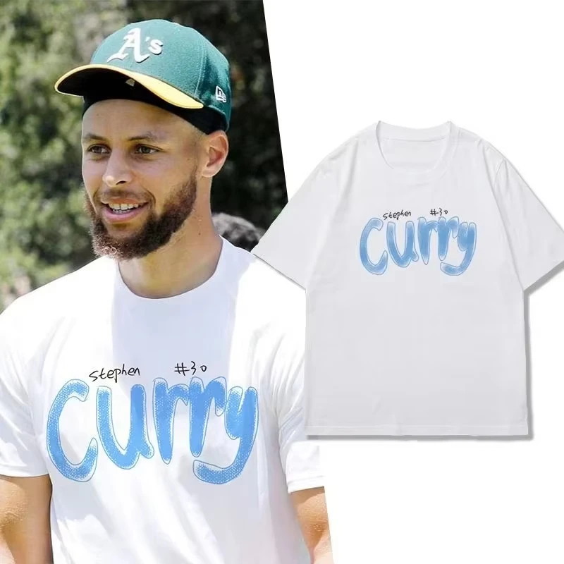 Camiseta de algodón puro Curry de verano con grafiti dibujado a mano, letras Curry baloncesto de manga corta para hombre cuello redondo suelto de verano