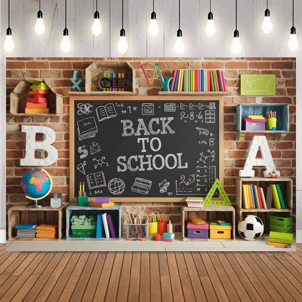 Back To School Photography Backdrop Blackboard Globe Book Chalkboard Classroom Teaching Children Student Photo Background Decor
