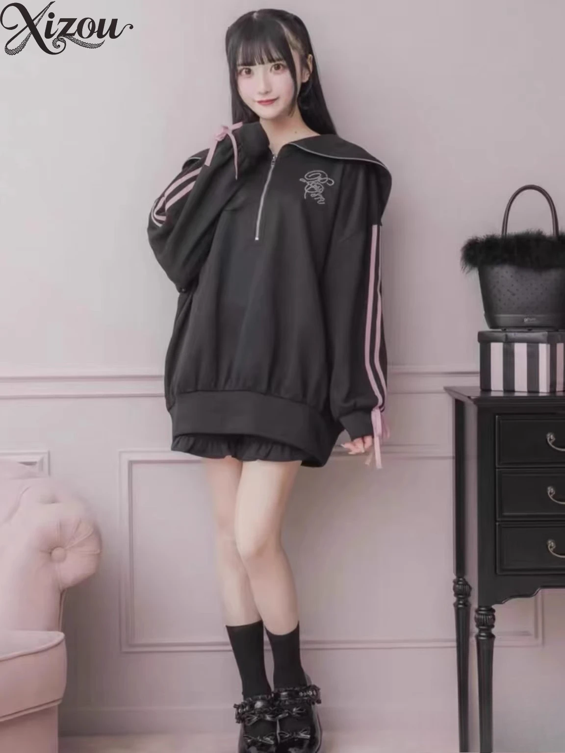 

Japanese Y2k Women Hooded Sweatshirt Jacket Loose Zipper Sailor Collar Pink Stripe Sleeves Pink Cute Spring Autumn Sportswear