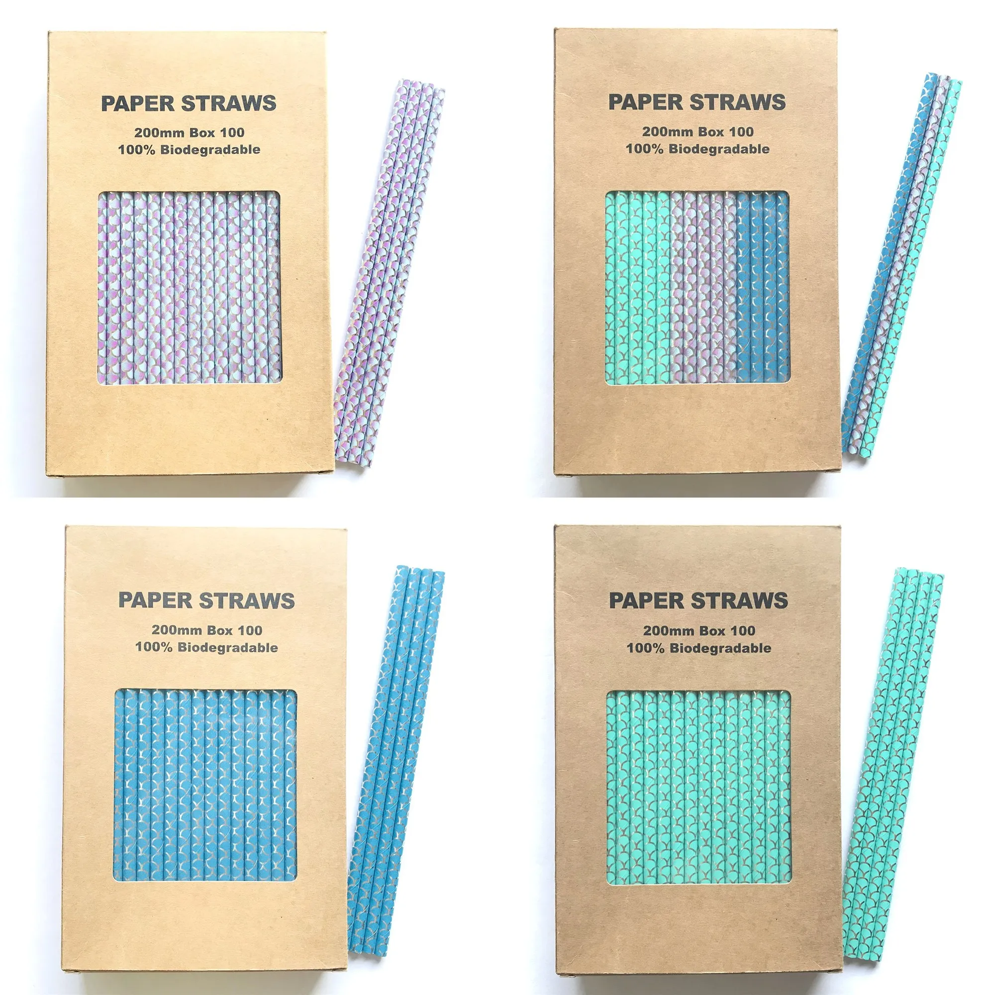 100 Pcs/Box Mermaid Party Scale Paper Straws,Metallic Silver Foil Aqua Blue Purple Fish Tail Under The Sea Summer Beach Pool Kid