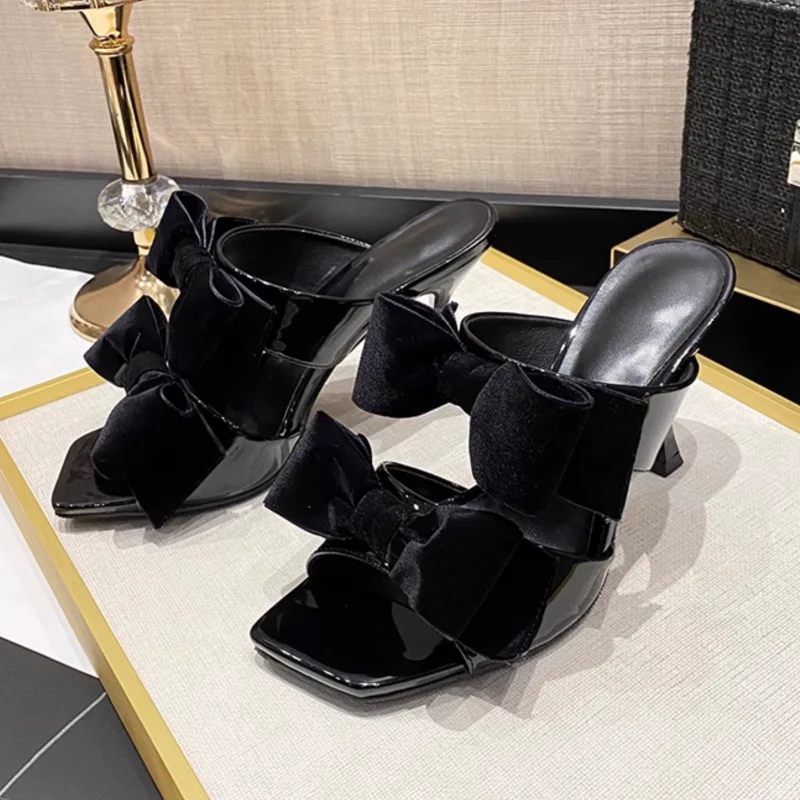 

Bowknot Women Fashion Pumps Luxury Stiletto Heel Sexy Open Toed Hollow Sweet Runway Party Shoes Women Slip-on Designer Slippers