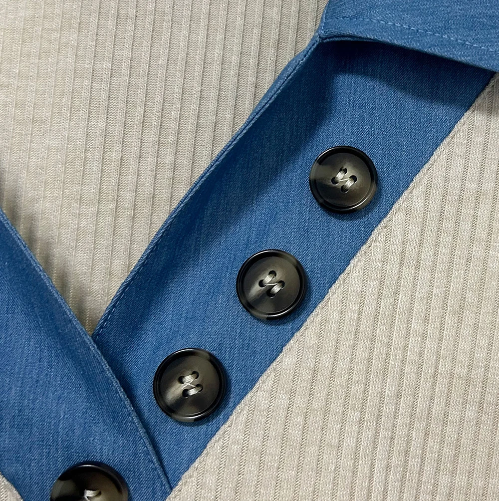 Trendy V-Neck Denim Collar Patchwork Sweaters European American Style Long Sleeve Knitted Pullover Tops Casual Loose Sweater