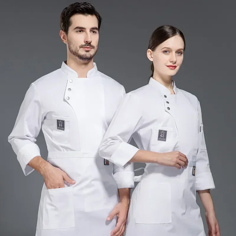 Unisex Restaurant Chef Coat, Jaqueta de Trabalho Garçom, Cook Tops, Uniforme de Cozinha, Garçonete Longa, Manga Curta