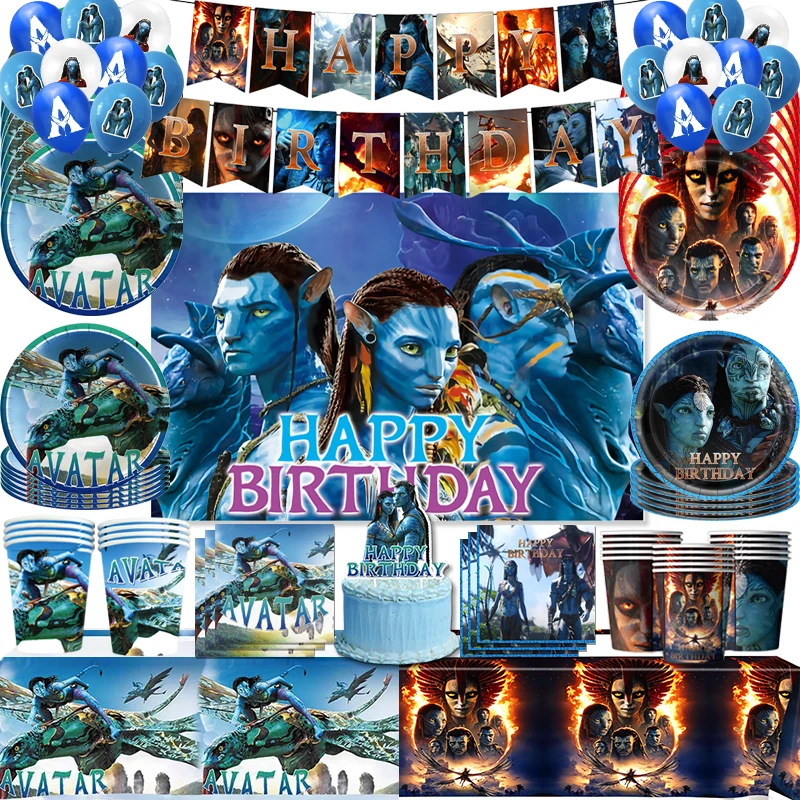Décoration de fête d'anniversaire Avatar 2 : Ballon en aluminium, autocollant, gobelet, assiette, nappe, bannière, fond, sac cadeau, faveurs de baby shower
