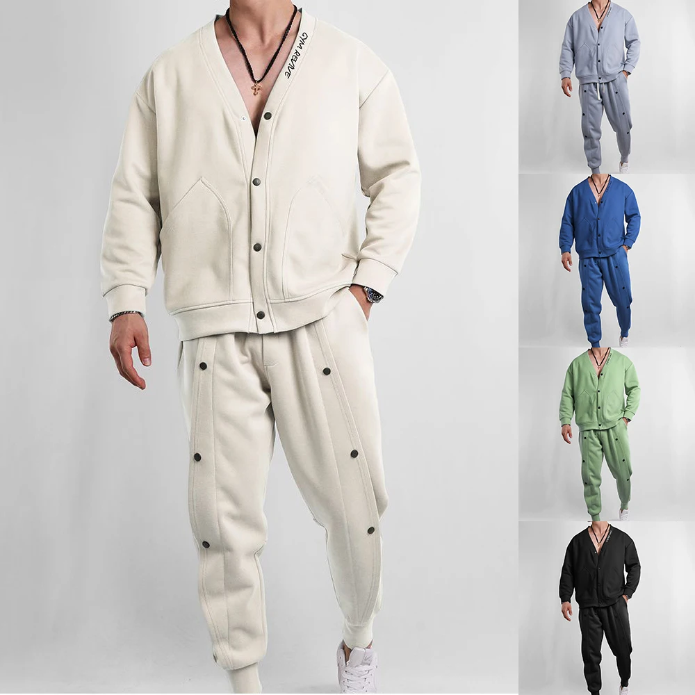 Mens Sports Suit Spring And Autumn American Street Fashion Solid Color Long-Sleeved V-Neck Jacket Overalls Two-Piece Set