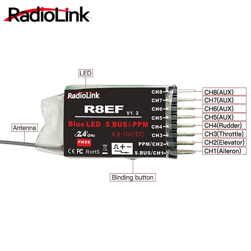 Radiolink R8EF 2.4Ghz 8 채널 RC 리시버 지지대 S-Bus/PPM/PWM 신호, 8CH T8FB T8S RC 송신기, RC 자동차 보트 비행기용