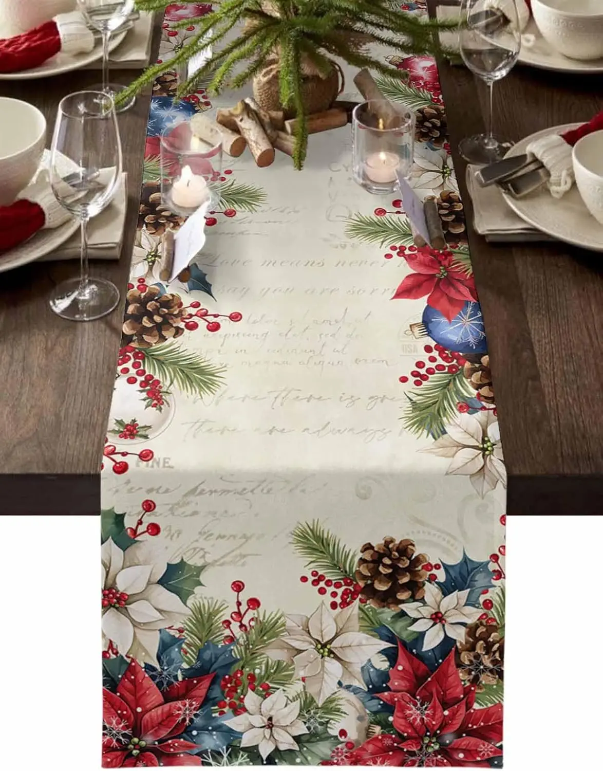 Christmas Poinsettia Berry Linen Table Runner for Table Decor Winter Xmas Snowflake Pinecone Table Runners Christmas Decorations