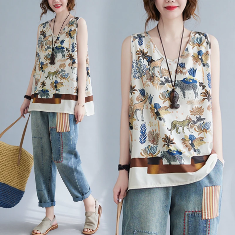 Groot formaat katoenen linnen bedrukt vest Svel V-Ne buikverhullende anti-aging basis irt losse pasvorm zomertop voor plus S...