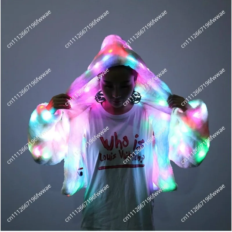 Colorful LED Light Up Jacket Faux Fur Performance Wear for Men and Women Plush Stage Costume for Bar Parties Glowing Outfit Prop