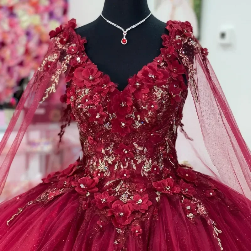 AQ182-vestidos De Quinceañera De princesa personalizados, con capa De manga, cuello en V, Vestido De baile Floral 3D, dulce 14 16 De 15 años, 2025