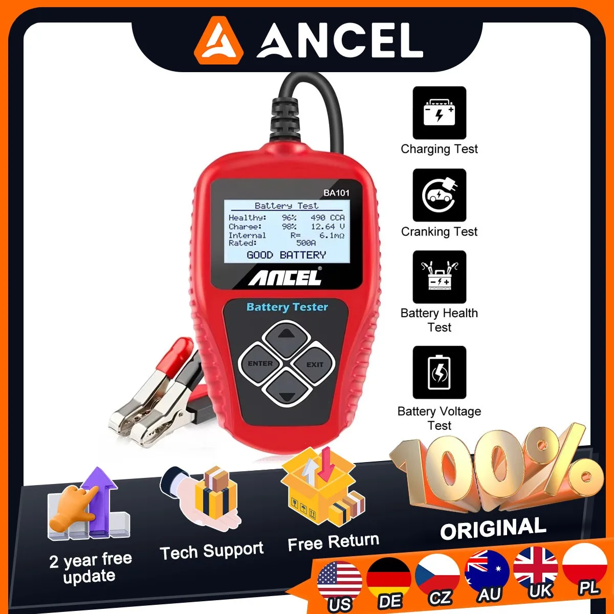 ANCEL BA101 12 V-os autóakkumulátor-teszter, digitális analizátor, 100–2000 CCA, autó-motorkerékpár-indító töltőrendszer-teszthez