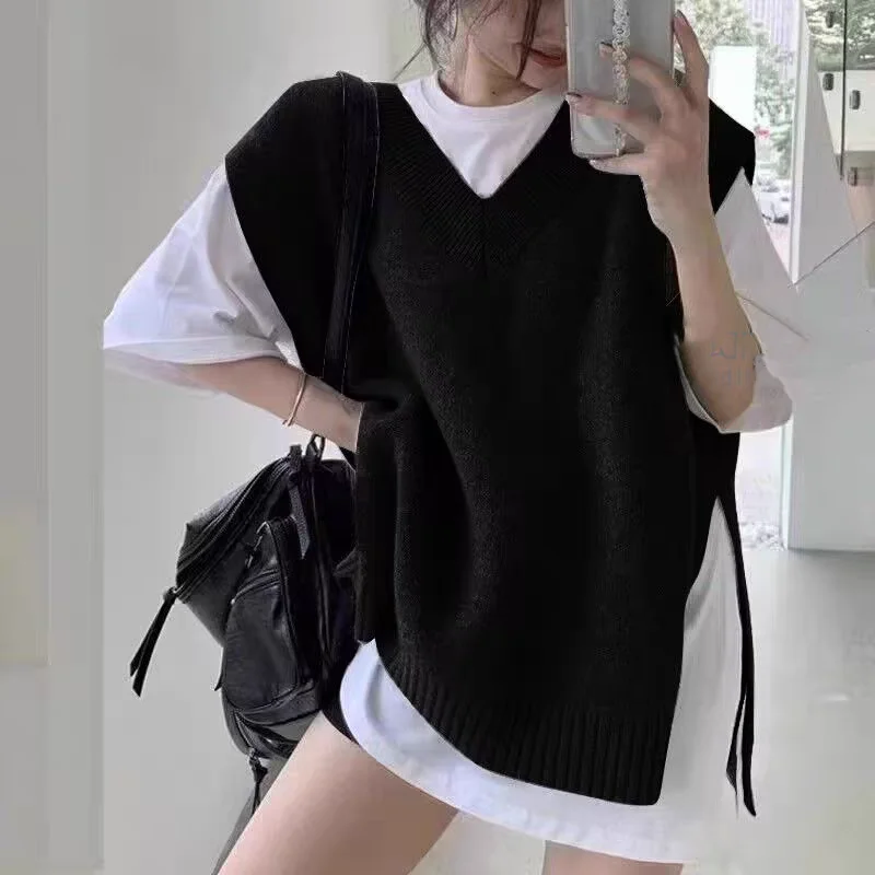 Autumn Sleeveless Women Loose Casual Vest Fashion Solid Color Elegant V-neck Knitted Top Korean Style Pullover Knitwear