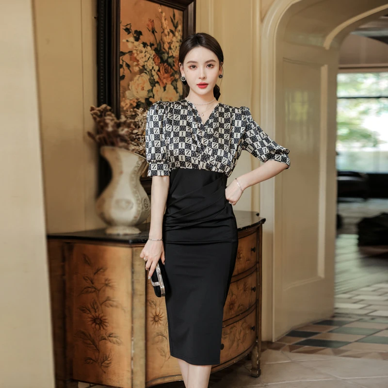 

V-neck Summer Dress Women 2023 Black Midi Dresses for Womens Mid Length Short Sleeve Womans Clothing Korean Fashion Elegant Chic