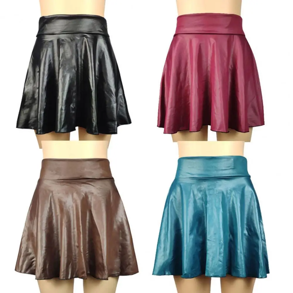 

Club Pleated Skirt High Waist Faux Leather A-line Mini Skirt for Women Solid Color Pleated Club Skirt with Elastic Waistband