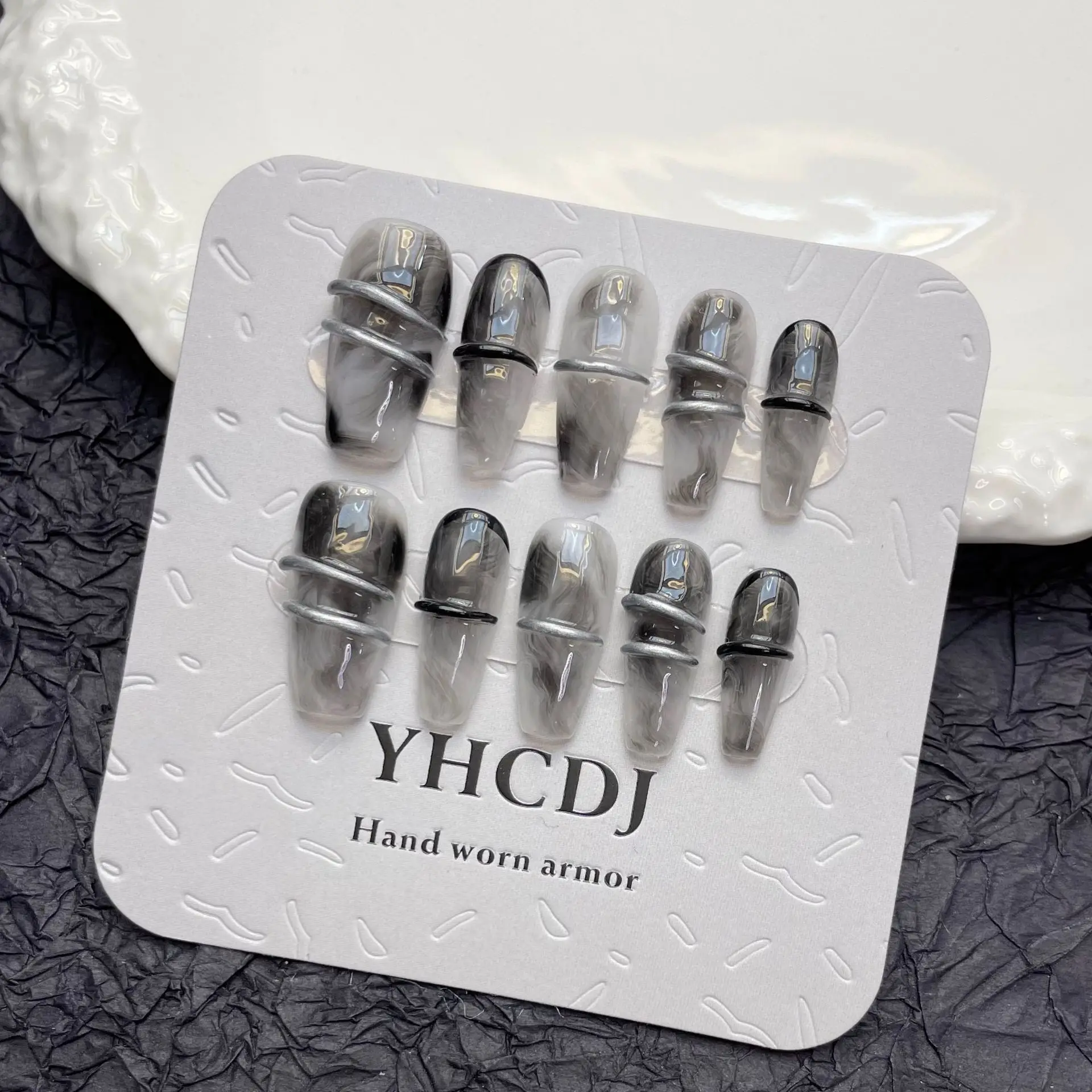 

10 PCS Luxury Handmade Press on Nails Middle Trapezoid Ink Smudge Design False Nails with 4-PIECE Tool Adhesive Nail Glue Tabs