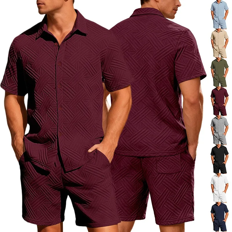 

Summer new fashion solid color jacquard shirt casual sports short-sleeved shorts two-piece set