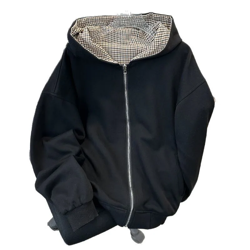 Korean Style Double-sided Checkered Hooded for Women Autumn Winter Oversized Loose Zip Up Hoodie Sweatshirtc Coat Y2k Clothes