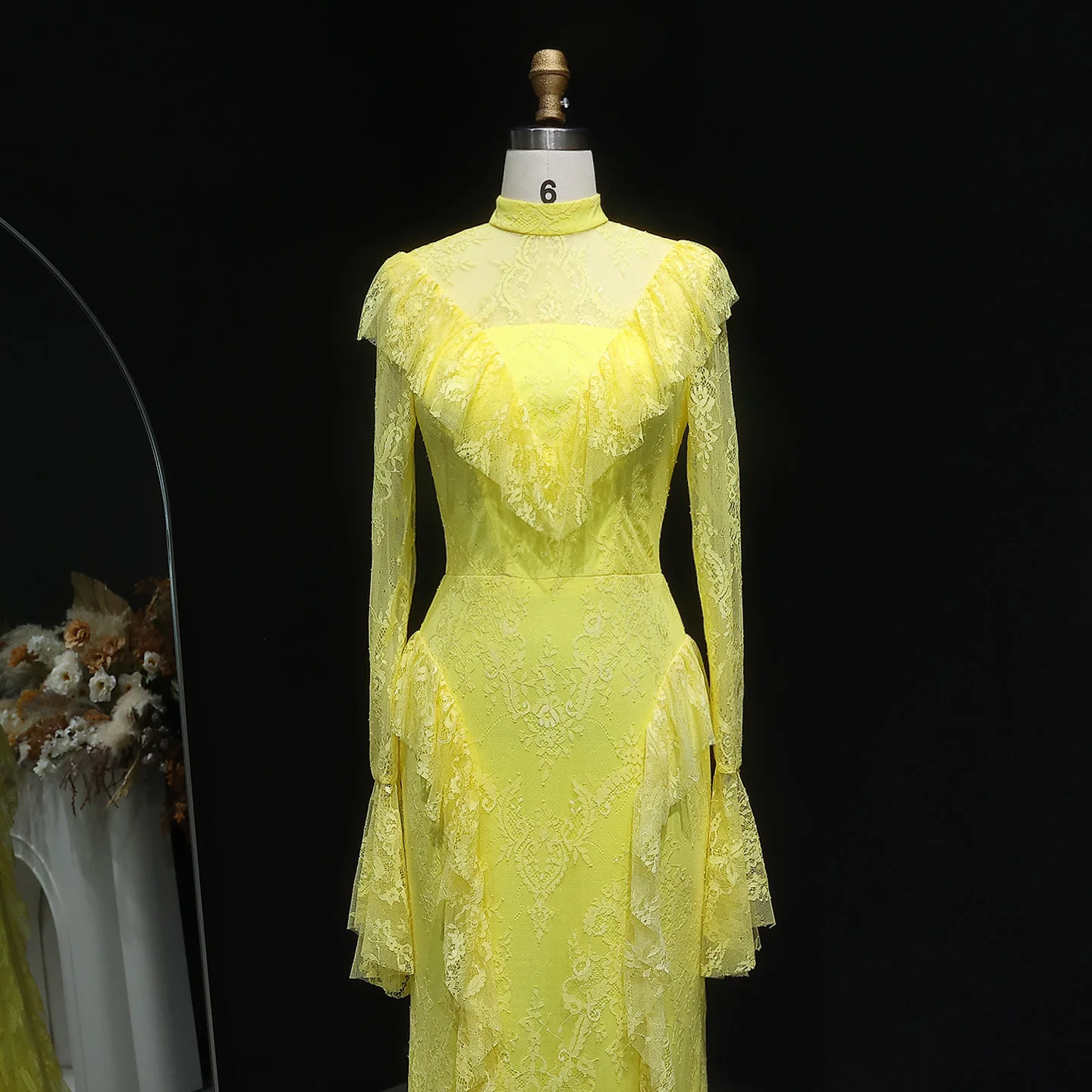 شارون سعيد أنيقة طويلة الأكمام حورية البحر مساء اللباس الأصفر الدانتيل الكشكشة النساء رداء حفلات الزفاف SF063 مخصص