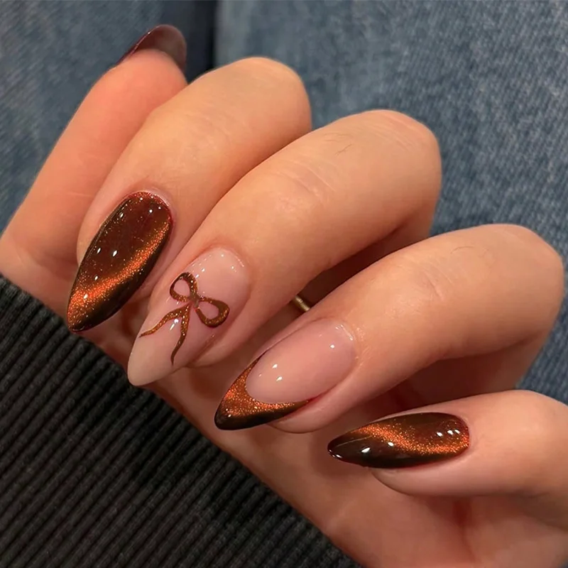 Wearable Press On Nails With Bow And Pearl Starlight Almond Design_voghion.com