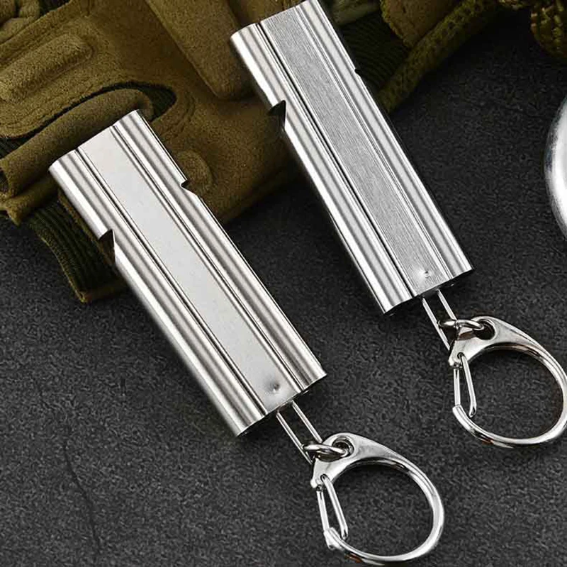 

Stainless Steel Double Pipe Whistle Keychain Portable High Decibel Whistle With Lanyard Outdoor Survival Emergency Camping Tools