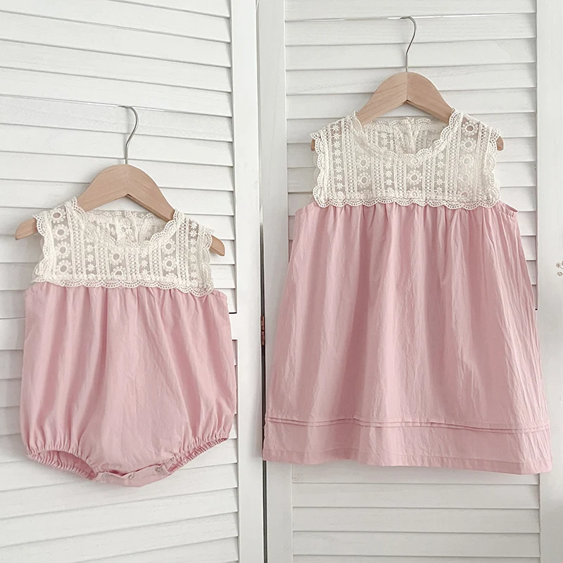 

2024 New Summer Baby Girl Party Dress Sleeveless Cotton Lace Splicing Sister Clothing Infant Baby Romper Kids Princess Dresses