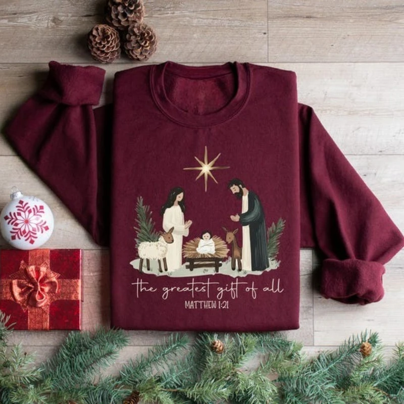 Greatest Gift Of All Christian Long Sleeve Sweatshirt Scene Christmas Faith Jesus Nativity Bible Verse winter matching hoodies