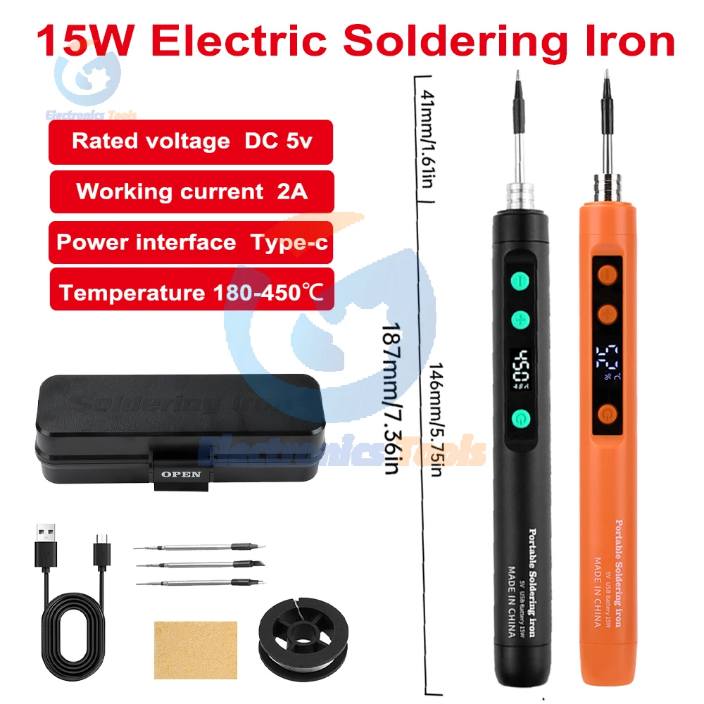 

15W Electric Soldering Iron DC 5V 2A Iron Set Wireless 180-450℃ Temperature AdjustableType C Charing Welding Repair Tools