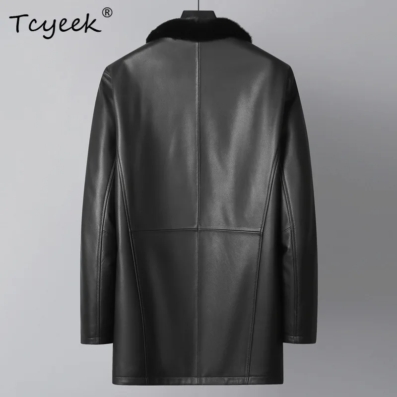 Tcyeek Goatskin Real Leather Jacket Men Natural Mink Real Fur Coat Fashion Mens Coats Winter Clothes Mid-length Куртка Мужская