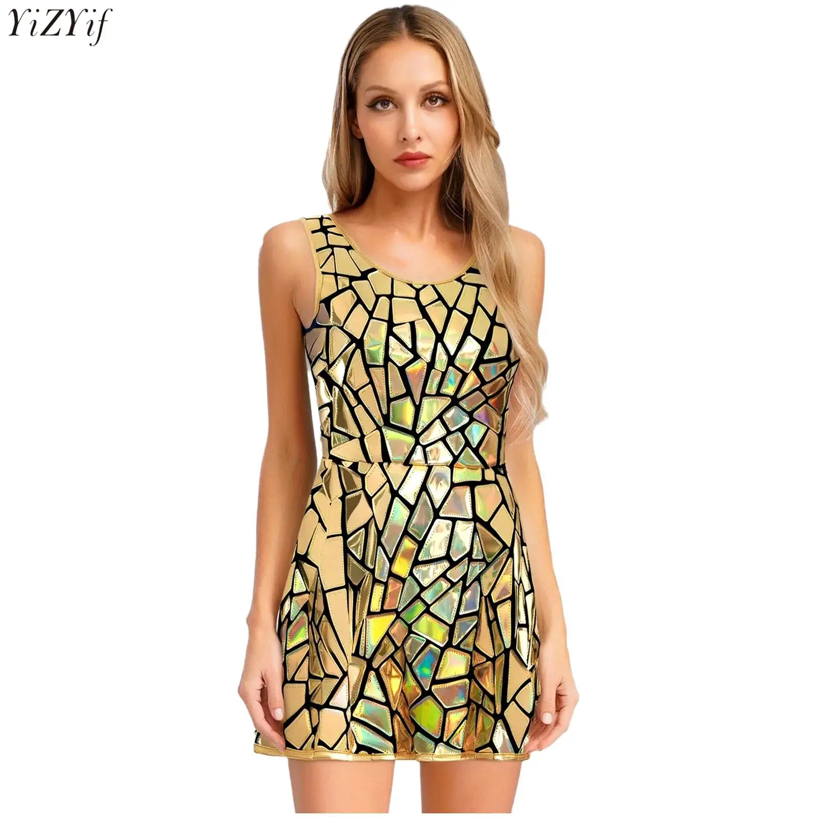 

Women's Sparkly Mirror Dress Clubwear Sleeveless A-line Short Dress Night Club Sexy Bodycon Dress Carnival Evening Party Dress
