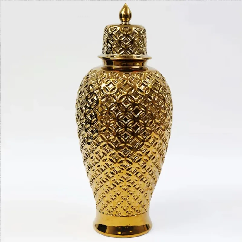 Porcelain Storage Jar Gold Ceramic Jar Vase with Lid