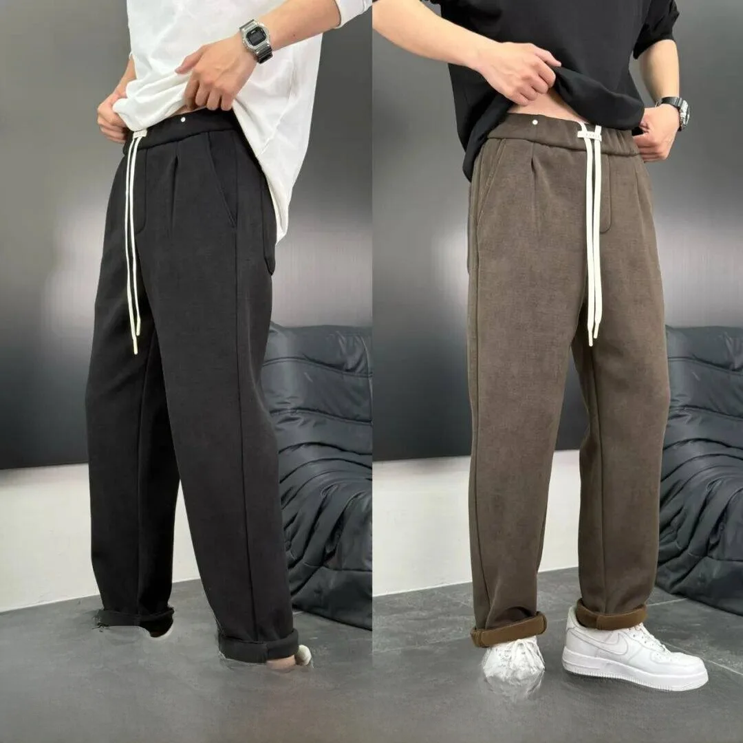 

Thiened Fce-lined Elastic Waist Men's Casual Pants Autumn Winter Warm Straight Leg Pants Faionable All-match ...