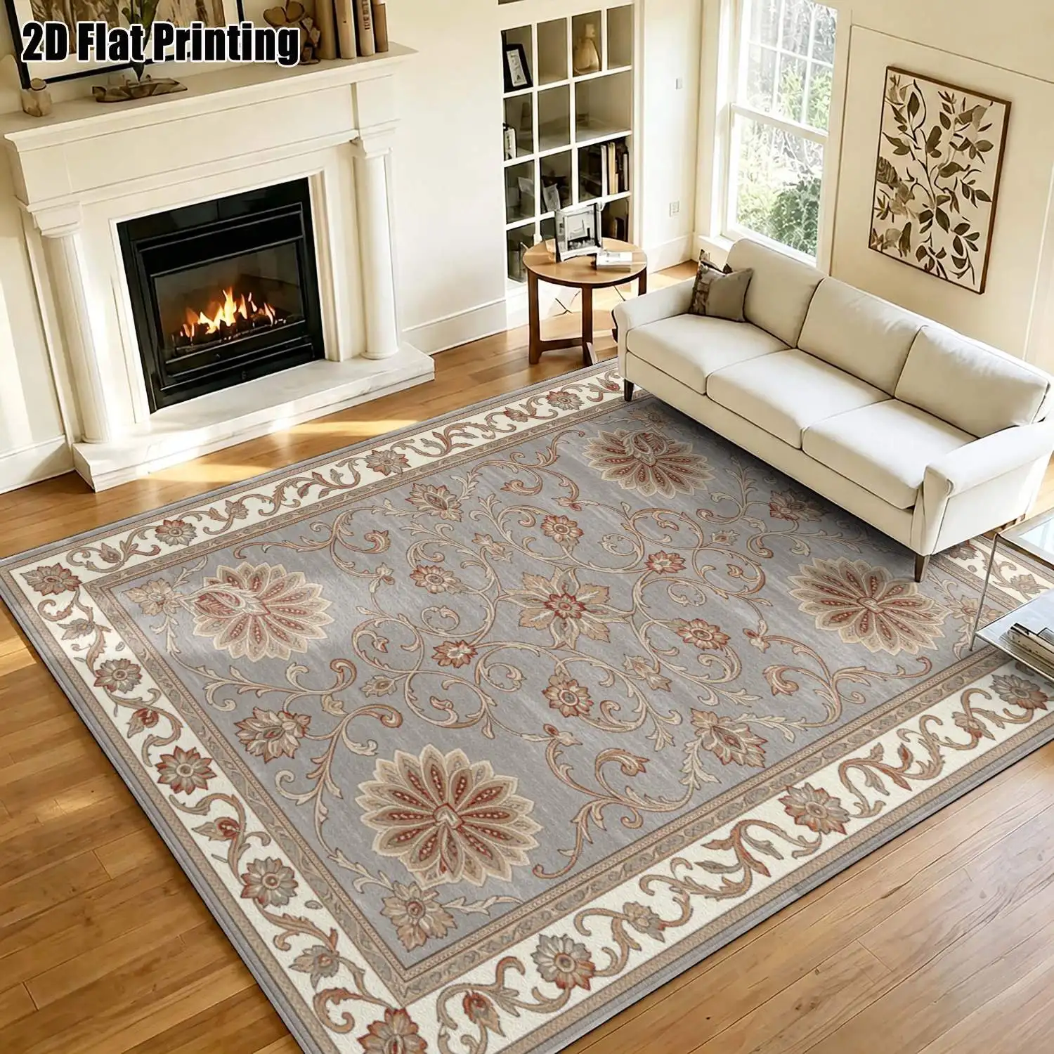 1Pc 2D Printed Blue-Grey Floral Carpet European Retro Geometric Home Decor Carpet, Multiple Sizes, Machine Washable, Suitable for Entrance, Dining, Foyer, Bedroom, Living Room.