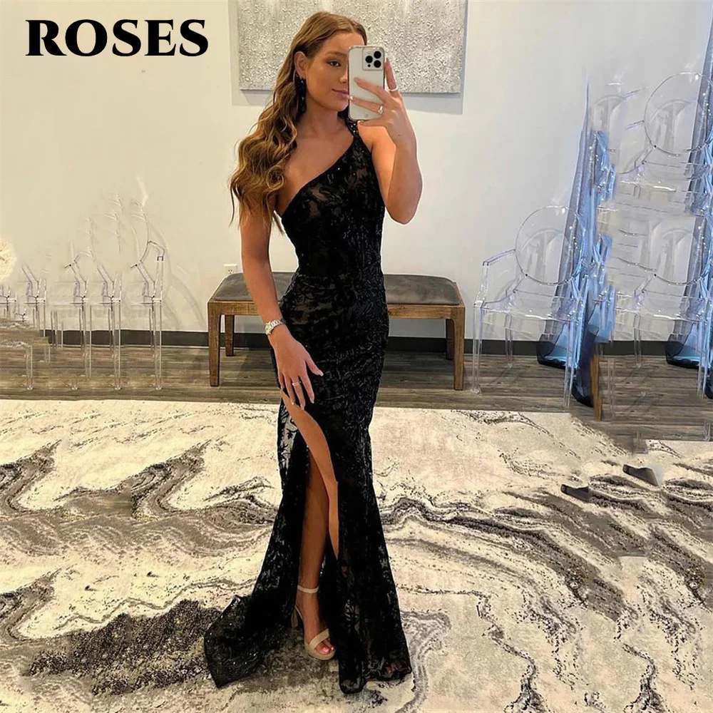 

ROSES Exquisite Appliques Black Lace Prom Dress Sexy One Shoulder Evening Dresses With Side Split Beading On Back فساتين سهرة