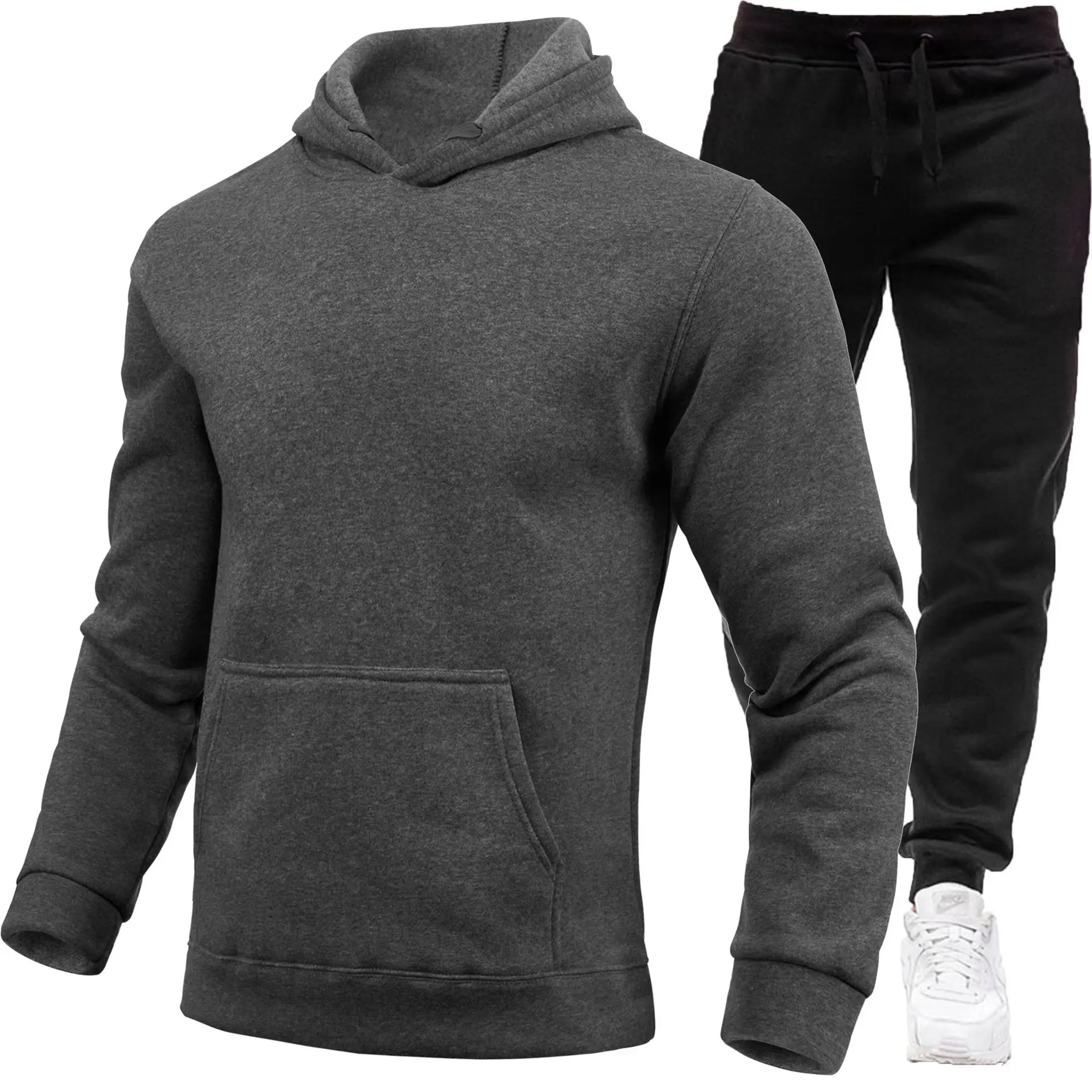 New Men Women Tracksuit Hoodies Casual Solid Color Thick Pullover and Long Pant 2-piece Set Men Autumn Fleece Jogger Sports Suit