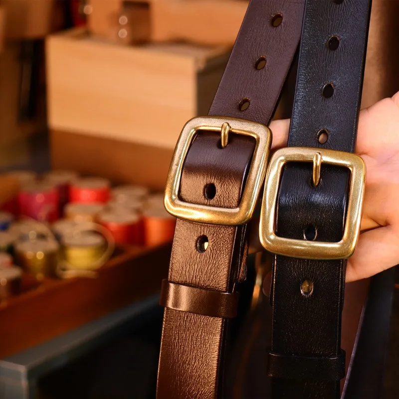 Retro Style Cowhide Top Layer Oily Waxed Leather Belt With Brass Buckle for Men and Women 36mm Width