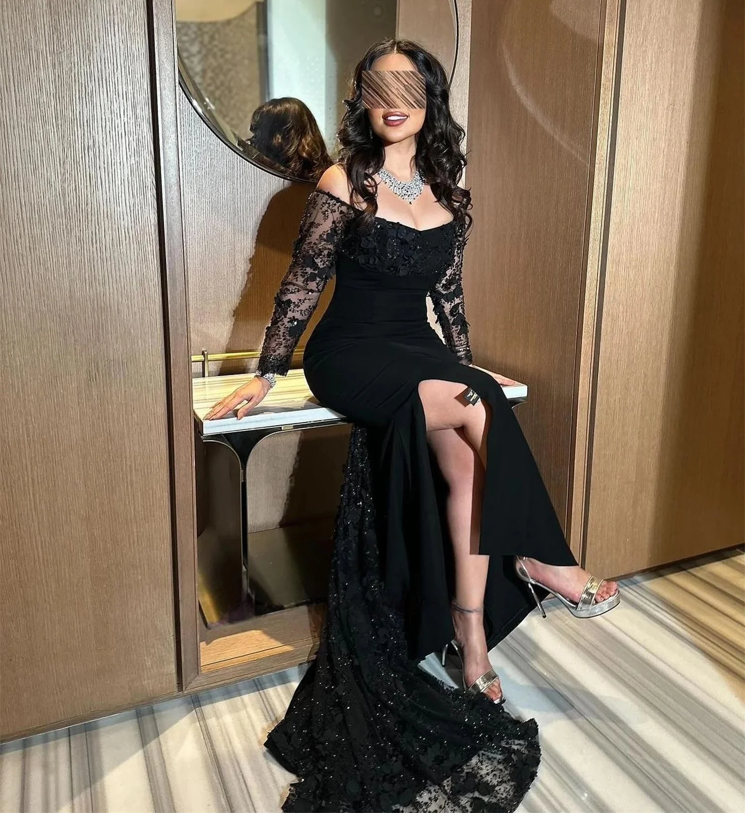 Black Slit Long Sleeves Bespoke Occasion Gown Evening Dresses Prom Pastrol Unisex Jersey Retro Dubai Saudi Arabic Customized