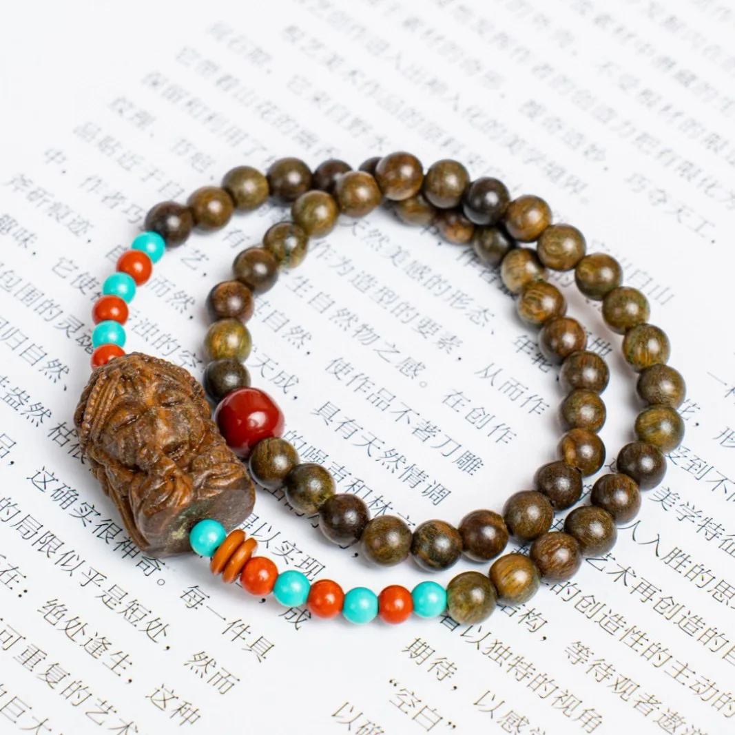 Argentine Green Sandalwood Double Loop Lotus Pod DIY Zha Caishen Beaded Bracelet Ancient Style Car Hanging Prayer Beads Gifts