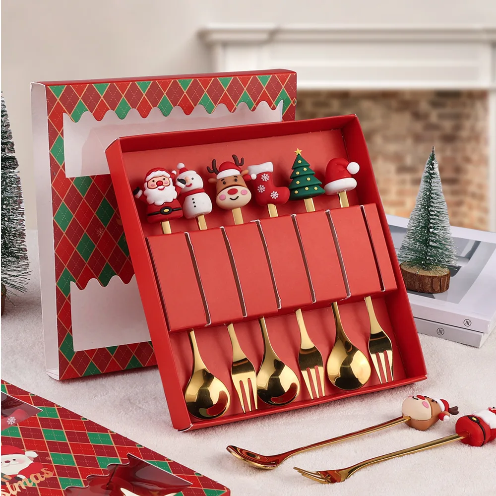 

Christmas cartoon doll stainless steel spoon and fork set dessert spoon and fork cute Christmas gift box spoon and fork set